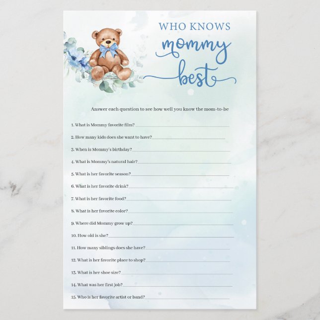 Lámina Juego de Baby Shower Eucalyptus Wreath Teddy Bear  (Anverso)