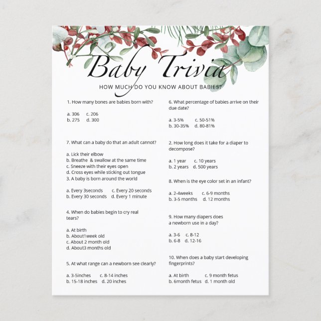 Lámina Juego de Baby Shower Evergreen Baby Trivia (Anverso)