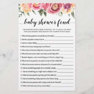 Lámina Juego de Baby Shower Feud con respuestas