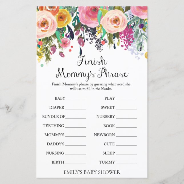 Lámina Juego de Baby Shower Floral Garden IMPRESIONADO (Anverso)