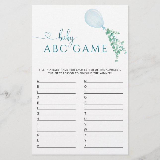 Lámina Juego de Baby Shower Green Balloon ABC (Anverso)