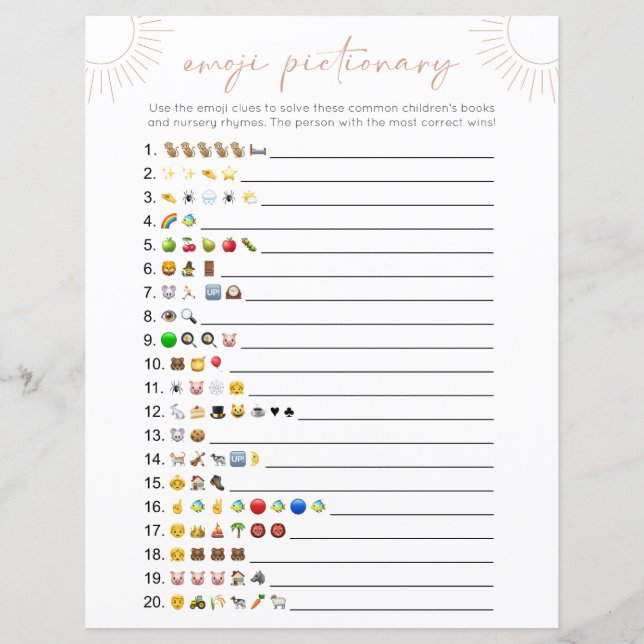 Lámina Juego de Baby Shower Libros Emoji Boho Sol (Anverso)