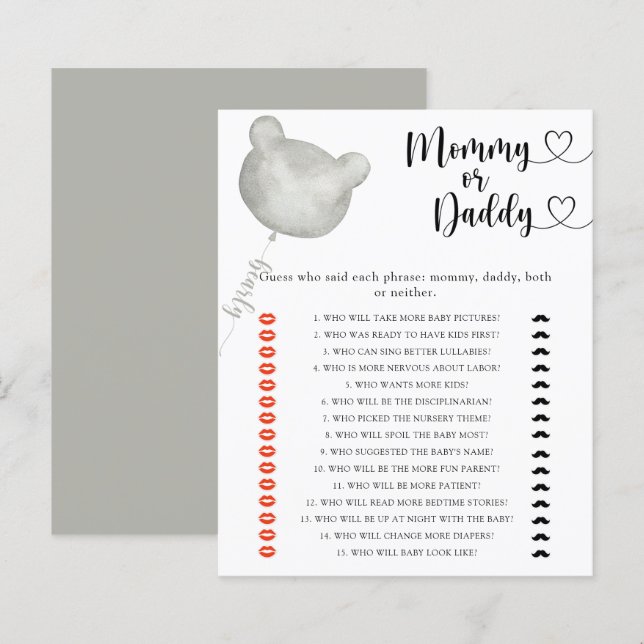 Lámina Juego de baby shower '¿Mamá o papá oso?' (Anverso / Reverso)