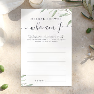 Lámina Juego de baby shower Minimal greenery who am I