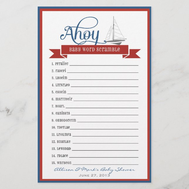 Lámina Juego de Baby Shower Nautico - Palabras de Bebé (Anverso)