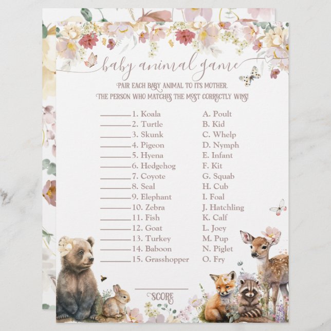 Lámina Juego de Baby Shower para chica de flores de anima (Anverso / Reverso)