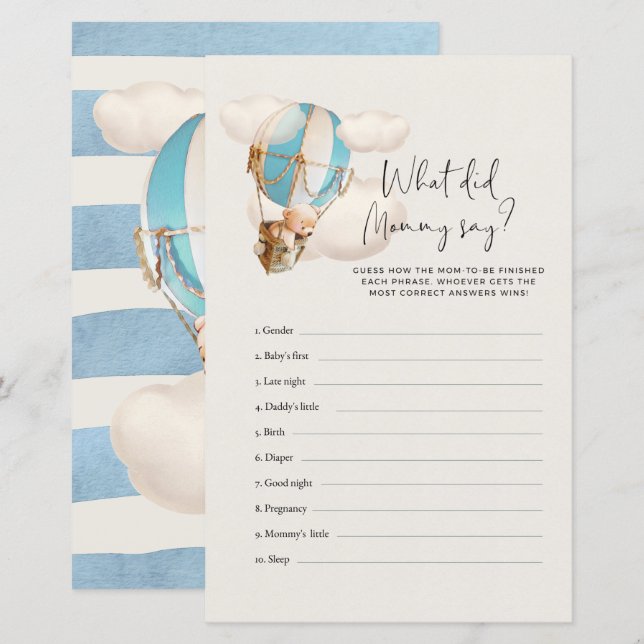 Lámina Juego de Baby Shower para el oso - ¿Qué dijo mamá? (Anverso / Reverso)