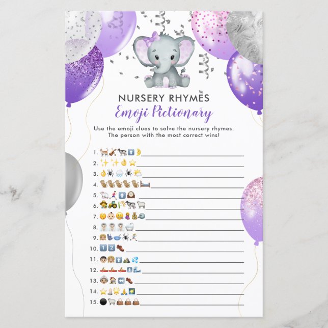 Lámina Juego de Baby Shower para elefante morado de emoji (Anverso)