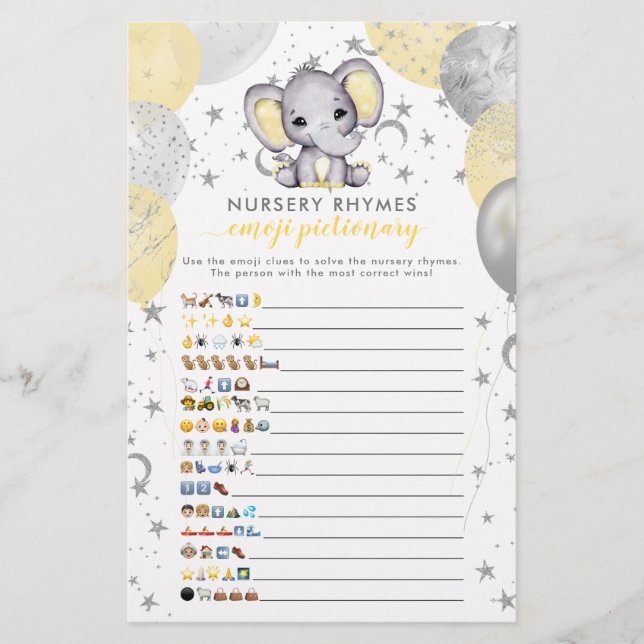 Lámina Juego de Baby Shower para elefantes amarillos en e (Anverso)