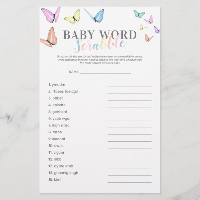 Lámina Juego de Baby Shower para mariposa de Word Scrambl (Anverso)