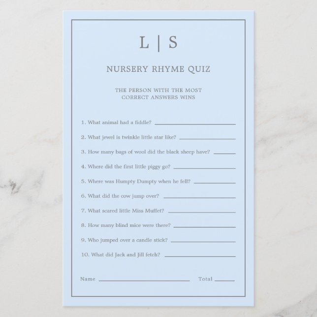 Lámina Juego de Baby Shower Pastel Blue Nursery Rhyme (Anverso)