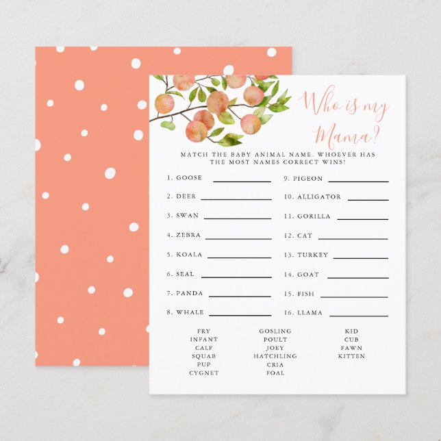 Lámina Juego de Baby Shower Peach Who is My Mama (Anverso / Reverso)