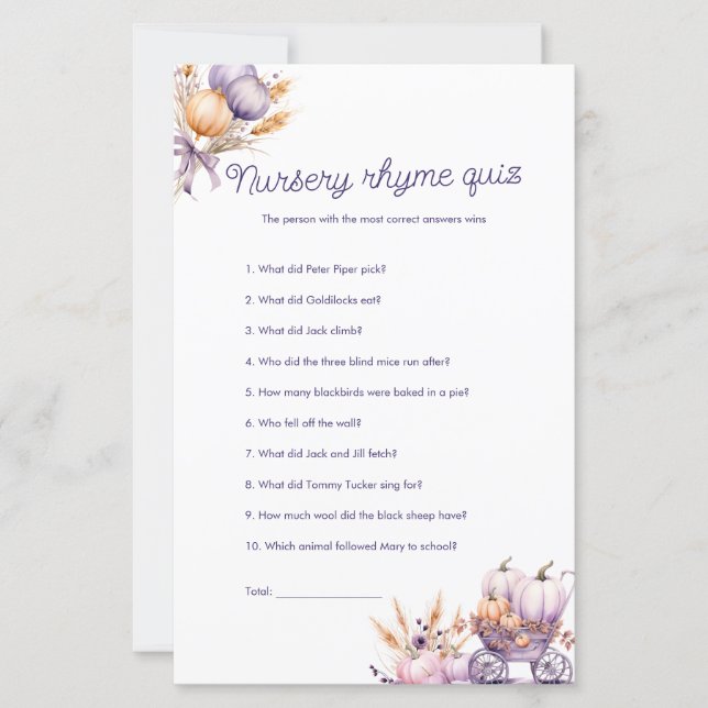 Lámina Juego de Baby Shower Purple Pumpkin Nursery Rhyme  (Anverso)