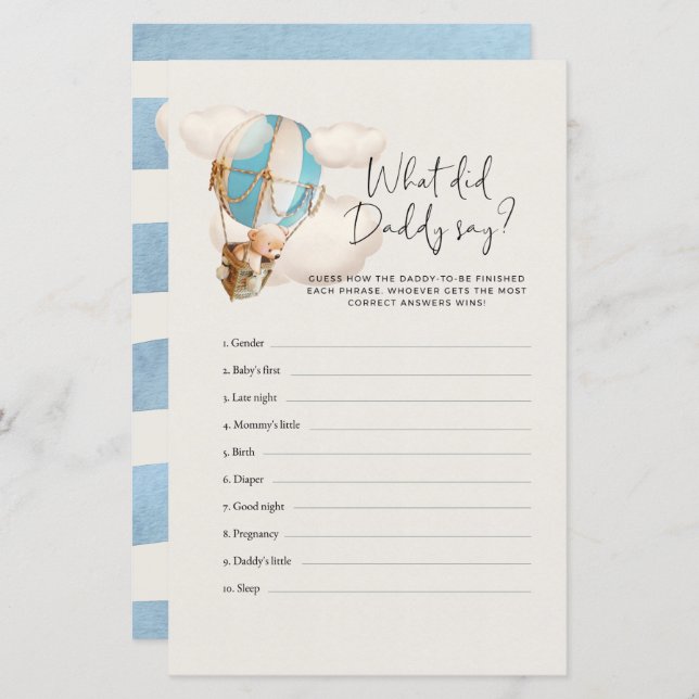 Lámina Juego de Baby Shower - ¿Qué dijo papá? (Anverso / Reverso)