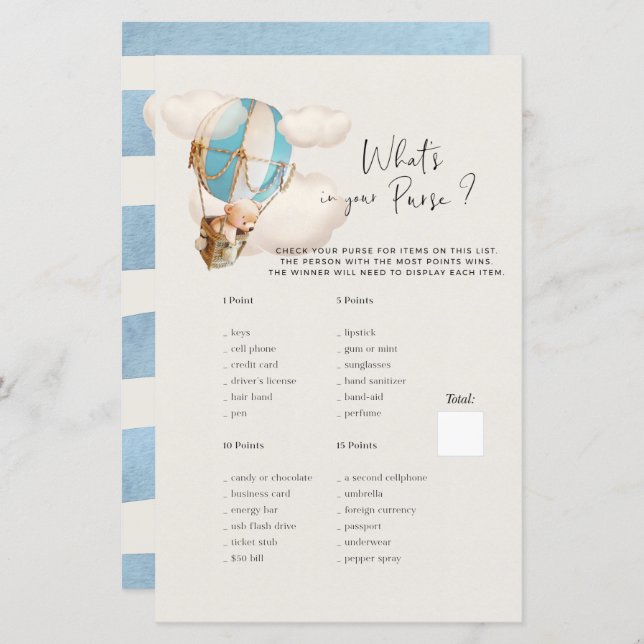 Lámina Juego de Baby Shower: ¿Qué hay en tu bolso? (Anverso / Reverso)