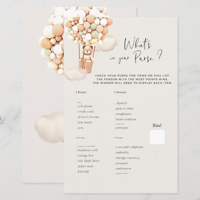 Lámina Juego de Baby Shower: ¿Qué hay en tu bolso? (Anverso / Reverso)