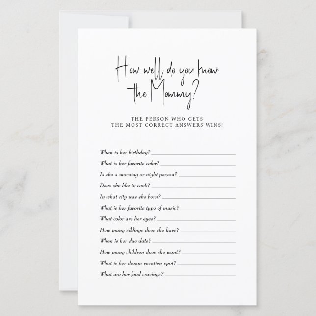 Lámina Juego de Baby Shower ¿Qué tan bien conoces a mamá? (Anverso)