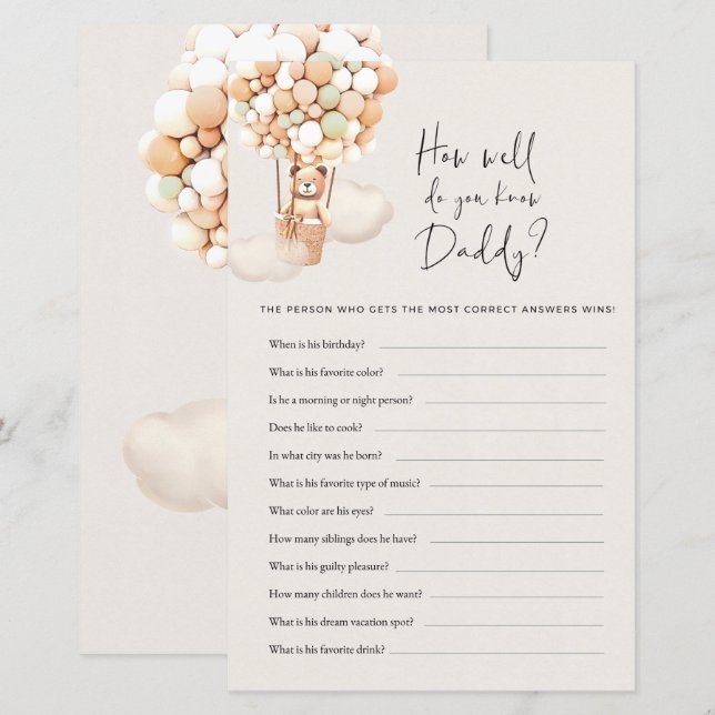 Lámina Juego de Baby Shower: ¿Qué tan bien conoces a papá (Anverso / Reverso)
