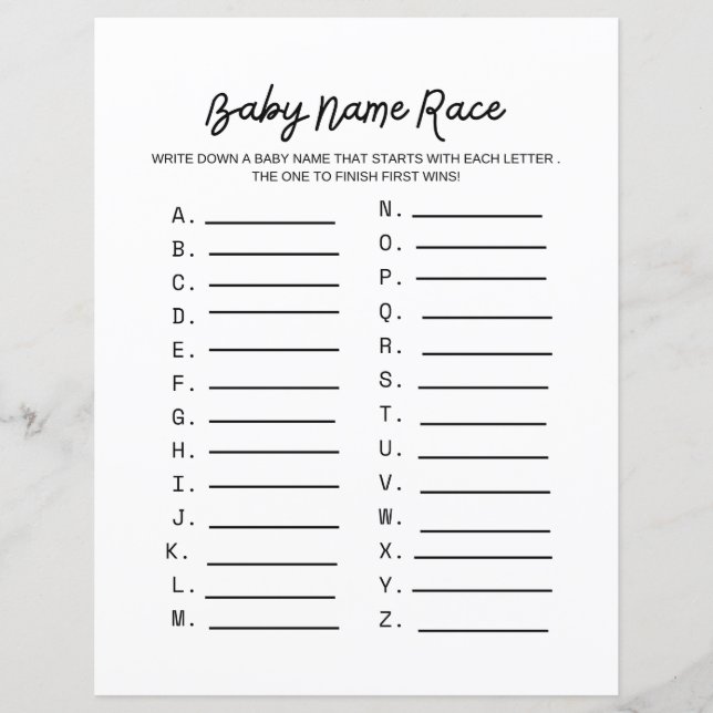 Lámina Juego de Baby Shower Race de nombre de bebé (Anverso)