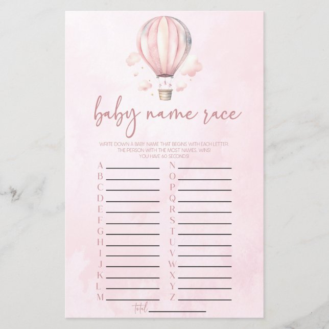 Lámina Juego de Baby Shower Race Hot Air Balloon Name (Anverso)