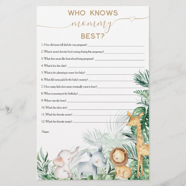 Lámina Juego de Baby Shower Safari Baby Animal Greenerati (Anverso)