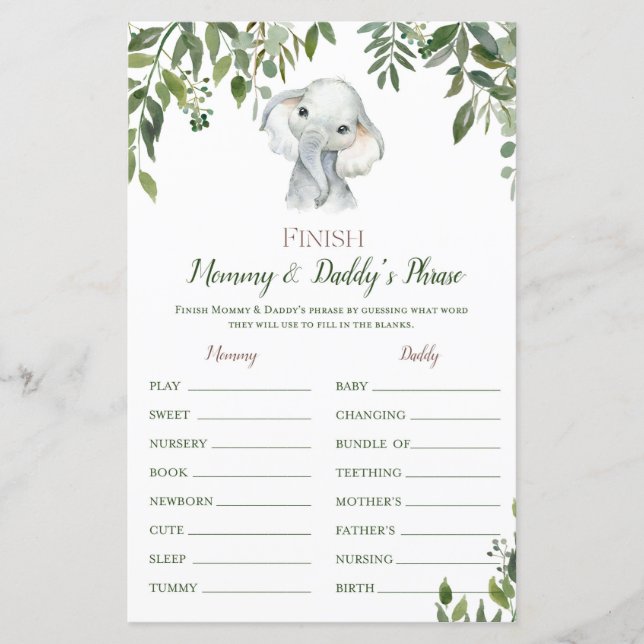 Lámina Juego de Baby Shower Safari Jungle Elephant IMPRES (Anverso)