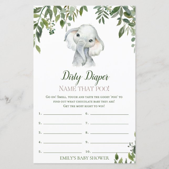 Lámina Juego de Baby Shower Safari Jungle Elephant IMPRES (Anverso)