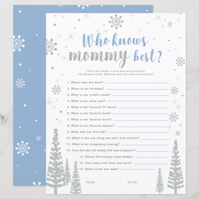 Lámina Juego de Baby Shower Silver & Blue Winter Wonderla (Anverso / Reverso)