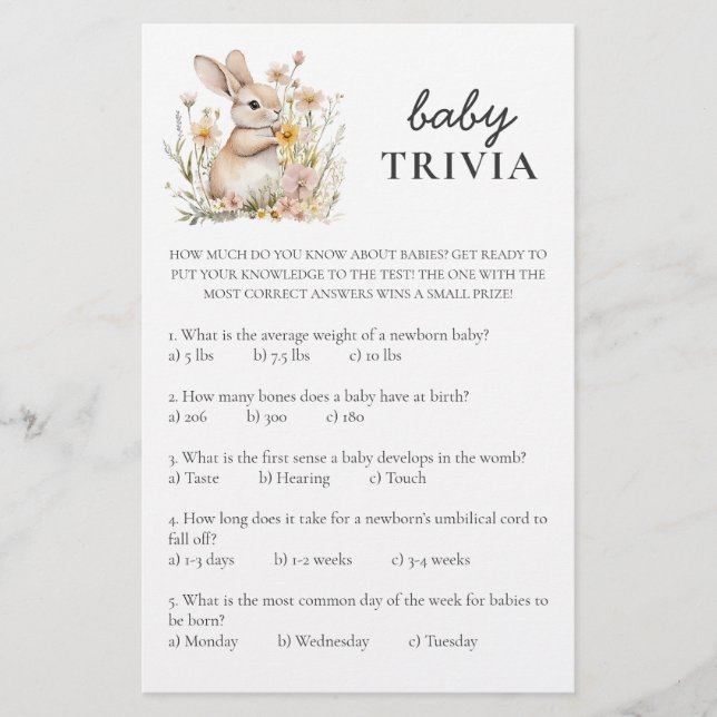 Lámina Juego de Baby Shower Somebunny: Baby Trivia (Anverso)