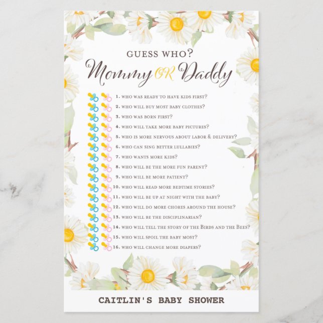 Lámina Juego de Baby Shower Spring Daisy Flower (Anverso)