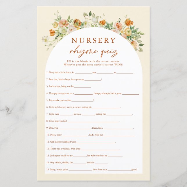 Lámina Juego de Baby Shower Spring Floral Nursery Rhymes (Anverso)