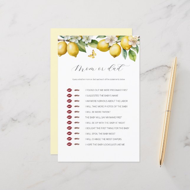 Lámina Juego de Baby Shower Summer Lemon Citrus Mom O Dad (Anverso/Reverso In Situ)