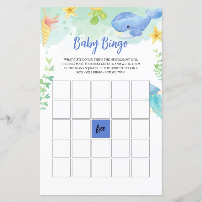 Lámina Juego de Baby Shower Summer Under Sea BINGO (Anverso)