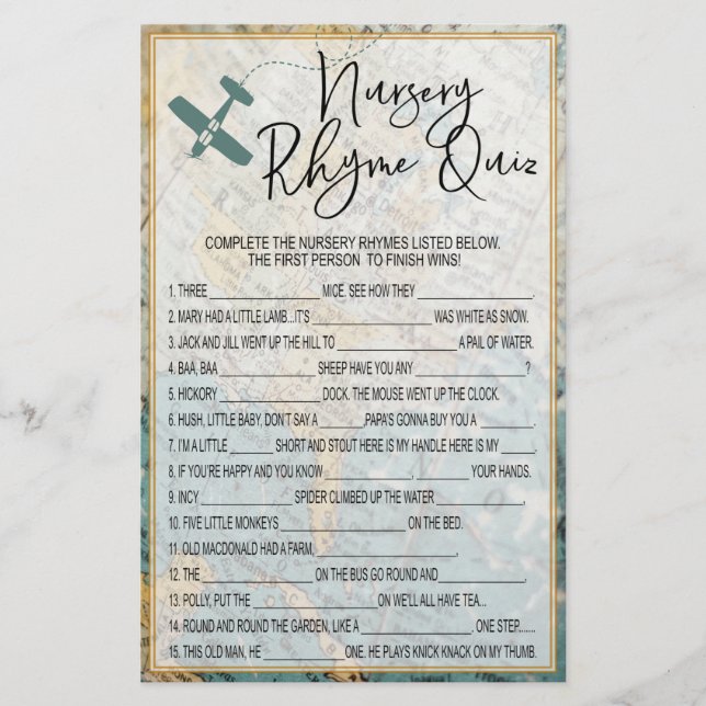 Lámina Juego de Baby Shower Travel Nursery Rhyme Prueba (Anverso)