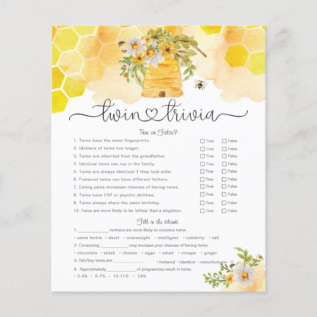 Lámina Juego de Baby Shower Twin Trivia Honey Bee (Anverso)
