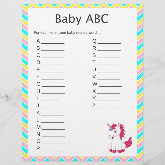 Lámina Juego de Baby Shower Unicorn Baby ABC (Anverso)