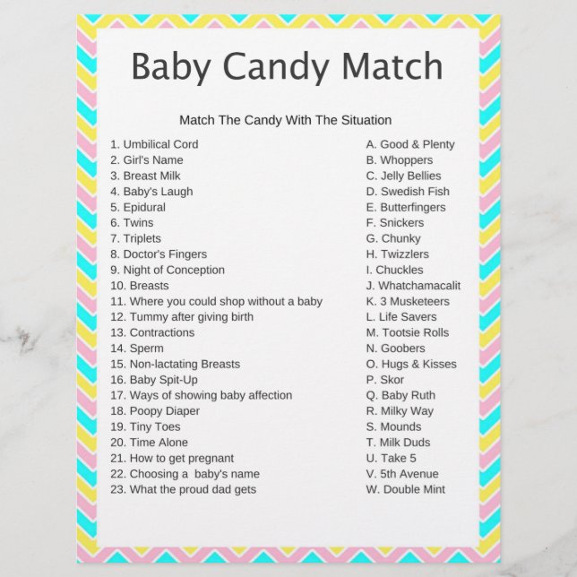 Lámina Juego de Baby Shower Unicorn Candy Match (Anverso)