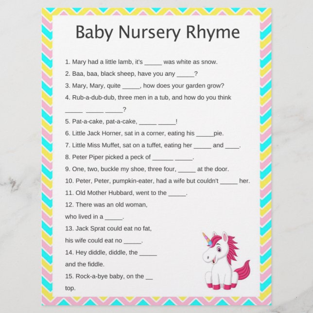 Lámina Juego de Baby Shower Unicorn Nursery Rhyme (Anverso)
