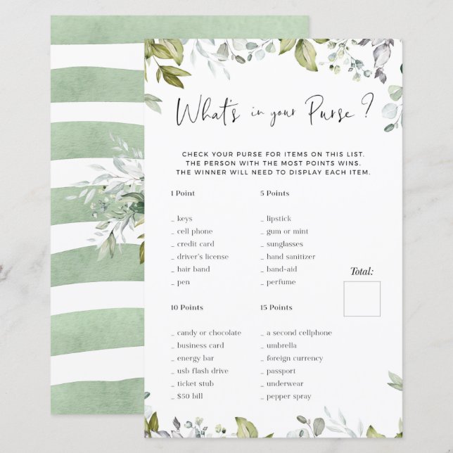 Lámina Juego de Baby Shower verde ¿Qué hay en tu bolso? (Anverso / Reverso)