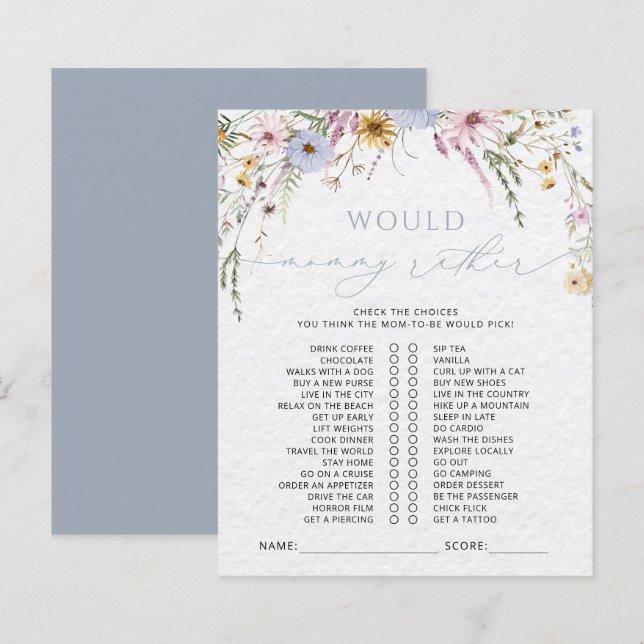 Lámina Juego de Baby Shower Watercolor Wildflowers (Anverso / Reverso)