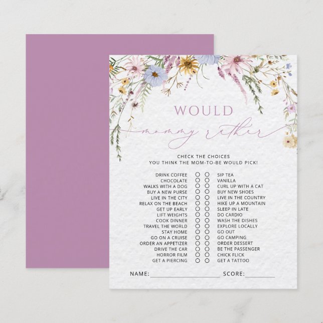 Lámina Juego de Baby Shower Wildflowers (Anverso / Reverso)