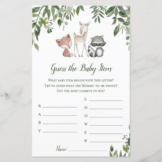 Lámina Juego de Baby Shower Woodland - Adivinar elemento  (Anverso)