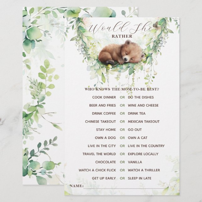 Lámina Juego de Baby Shower Woodland Animals Forest Green (Anverso / Reverso)