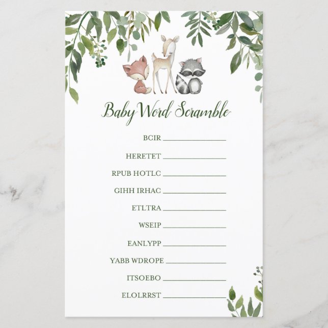 Lámina Juego de Baby Shower Woodland - Bebé Word Scramble (Anverso)