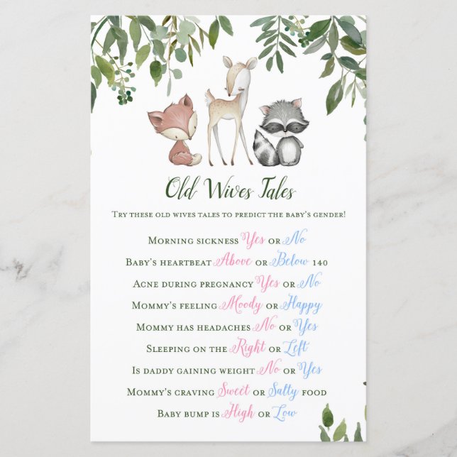 Lámina Juego de Baby Shower Woodland - Cuentos de viejas  (Anverso)