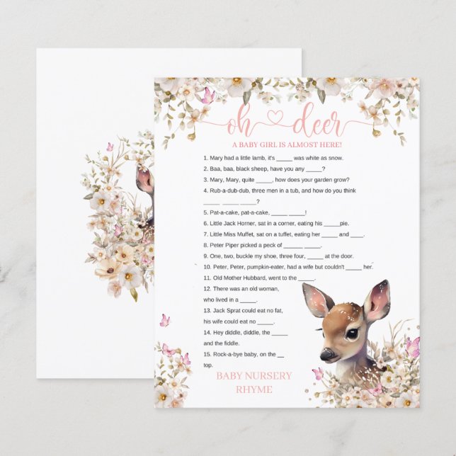 Lámina Juego de Baby Shower Woodland Deer (Anverso / Reverso)