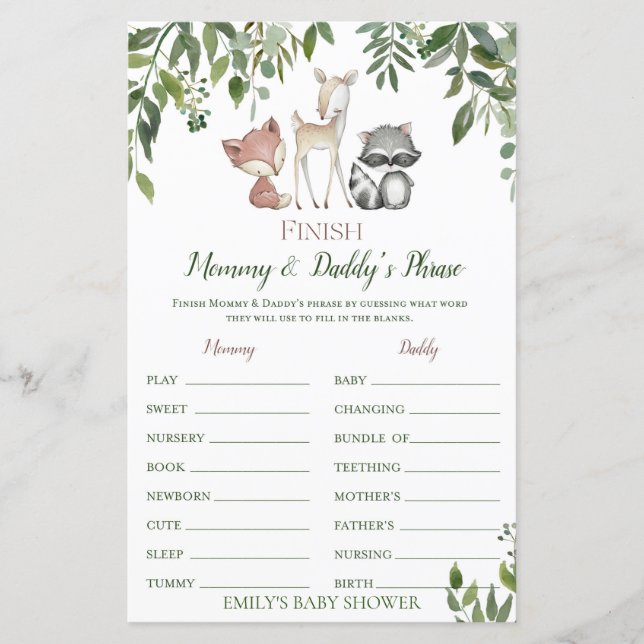 Lámina Juego de Baby Shower Woodland - Finalizar la frase (Anverso)