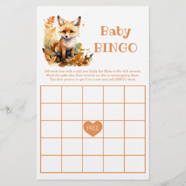 Lámina Juego de Baby Shower Woodland Fox Cute BINGO (Anverso)