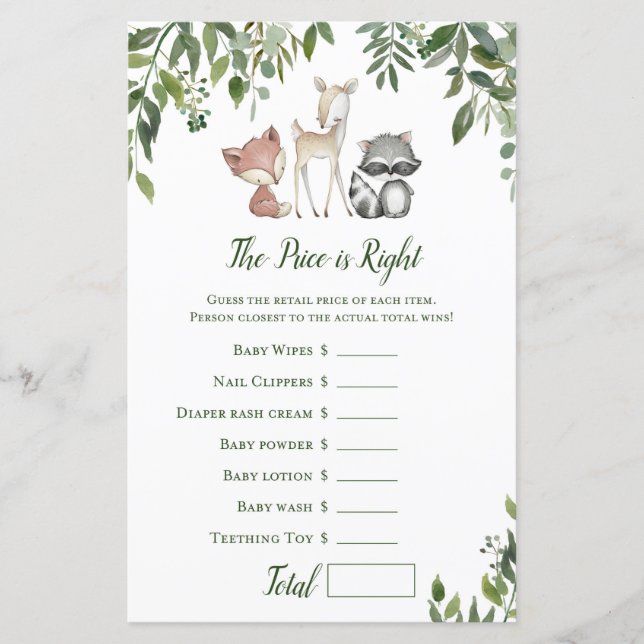 Lámina Juego de Baby Shower Woodland - Precio correcto (Anverso)