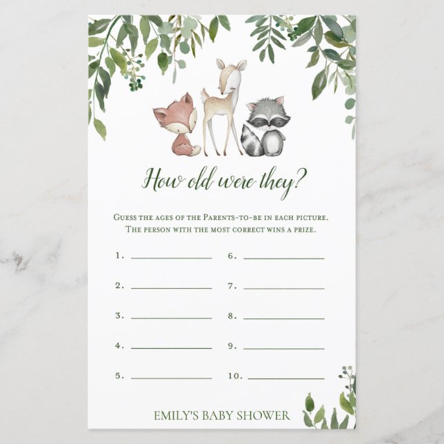 Lámina Juego de Baby Shower Woodland - Qué edad tenían (Anverso)